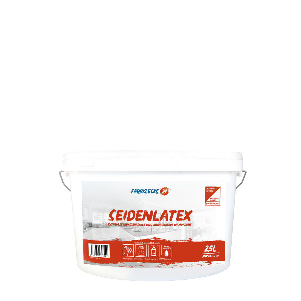 Farbklecks24 Seidenlatex 2,5L weiss, Latexfarbe, abwaschbare Wandfarbe, Küchenfarbe, Badfarbe
