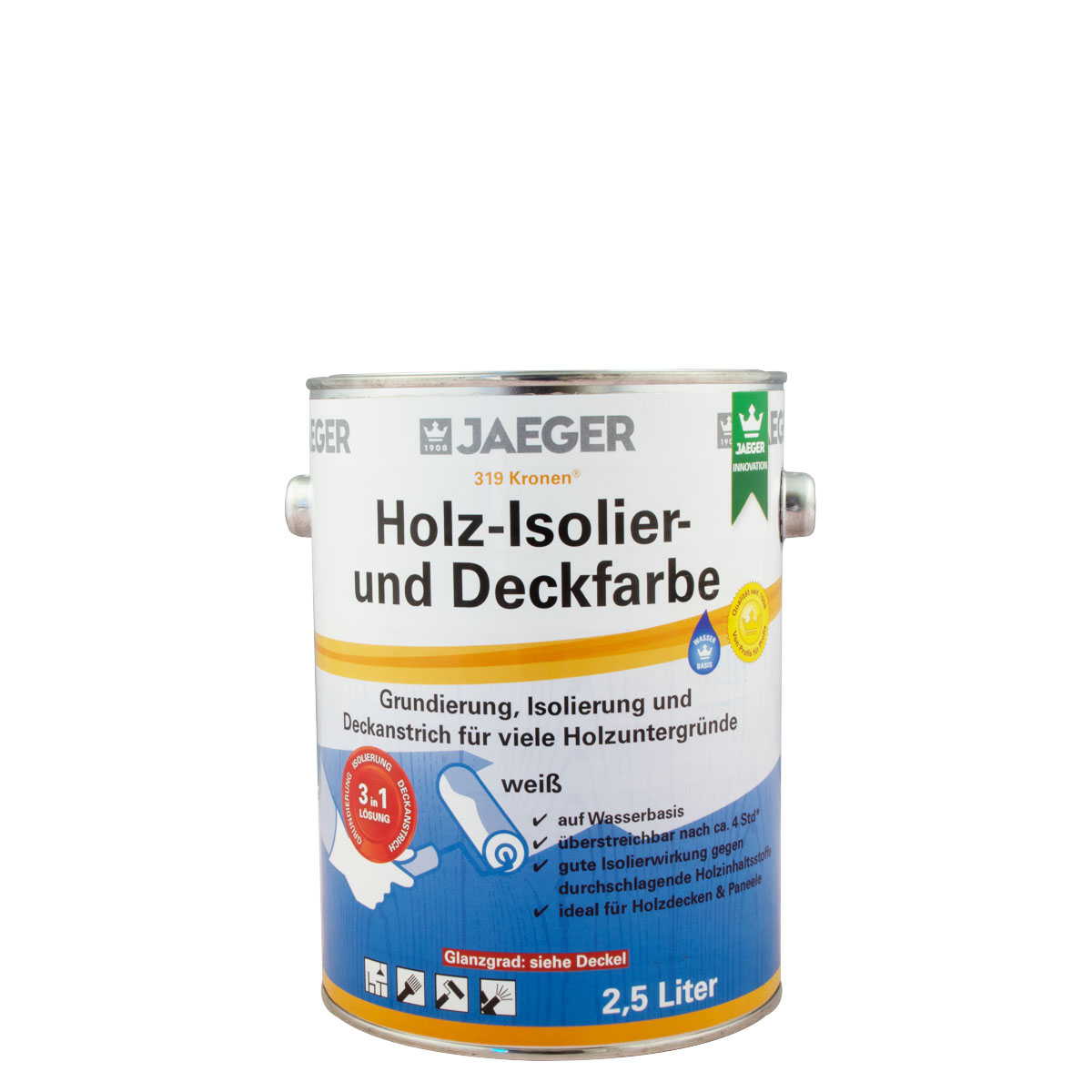 Jaeger Kronen Holz-Isolier- und Deckfarbe 319 weiss 2,5L matt, 3in1 Holzdeckenfarbe