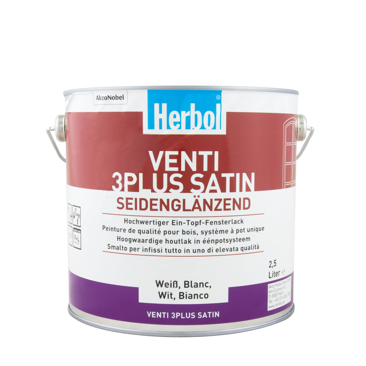 Herbol Venti 3Plus Satin 2,5L weiss, seidenglänzender Alkydharzlack