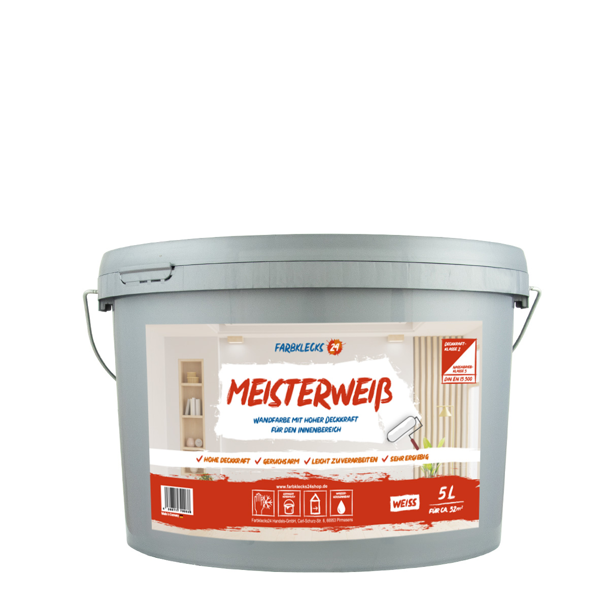 Farbklecks24 Meisterweiß 5L Wandfarbe weiß, hohe Deckkraft