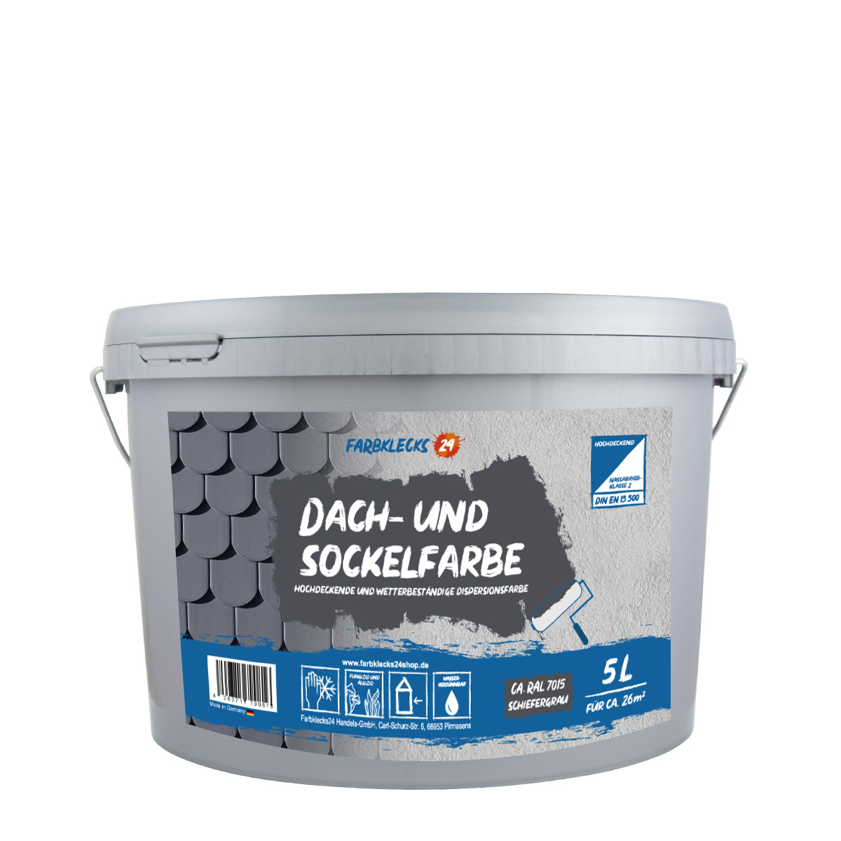 Farbklecks24 Dach und Sockelfarbe 5L ca RAL 7015 Schiefergrau, Dispersionsfarbe