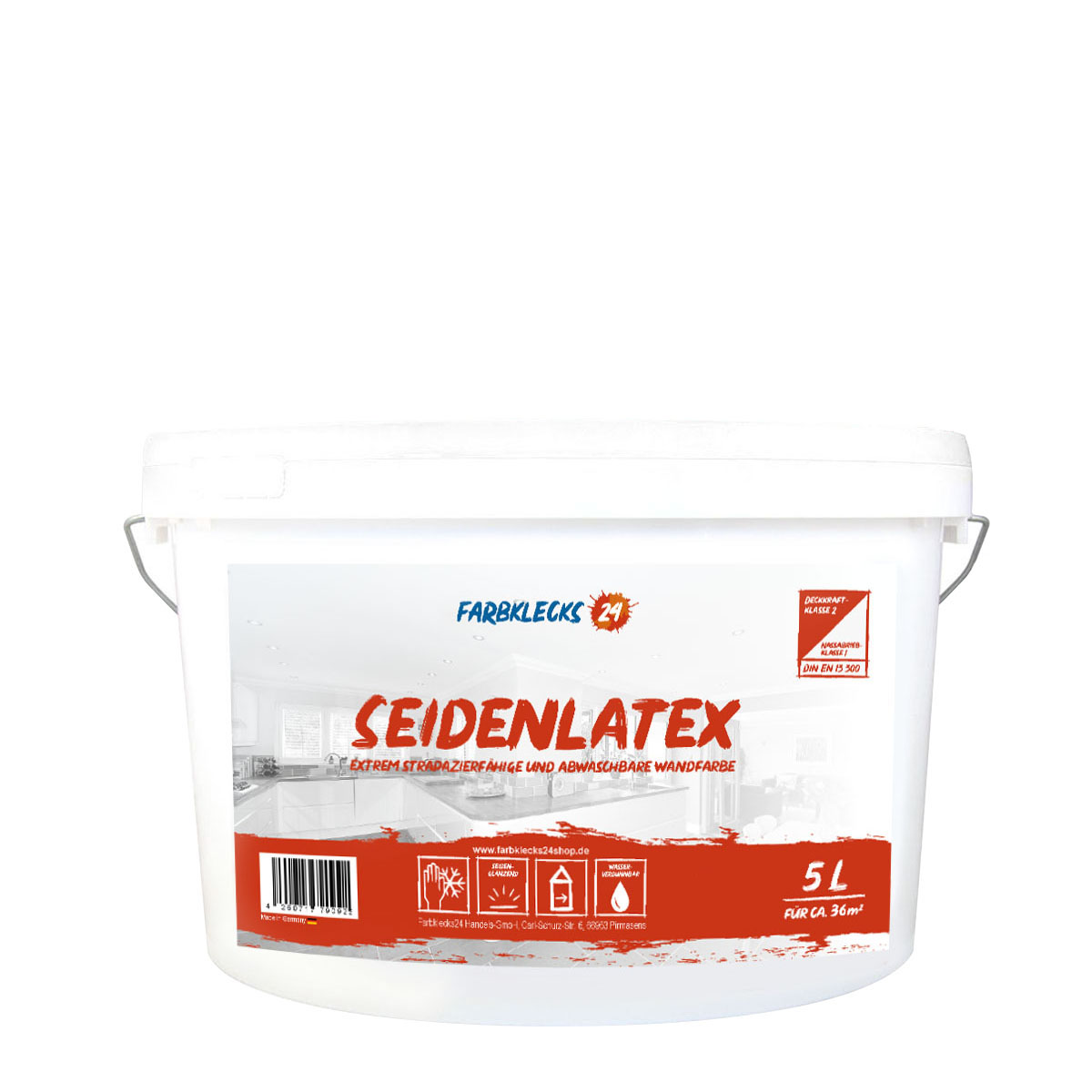 Farbklecks24 Seidenlatex 5L weiss, Latexfarbe, abwaschbare Wandfarbe, Küchenfarbe, Badfarbe