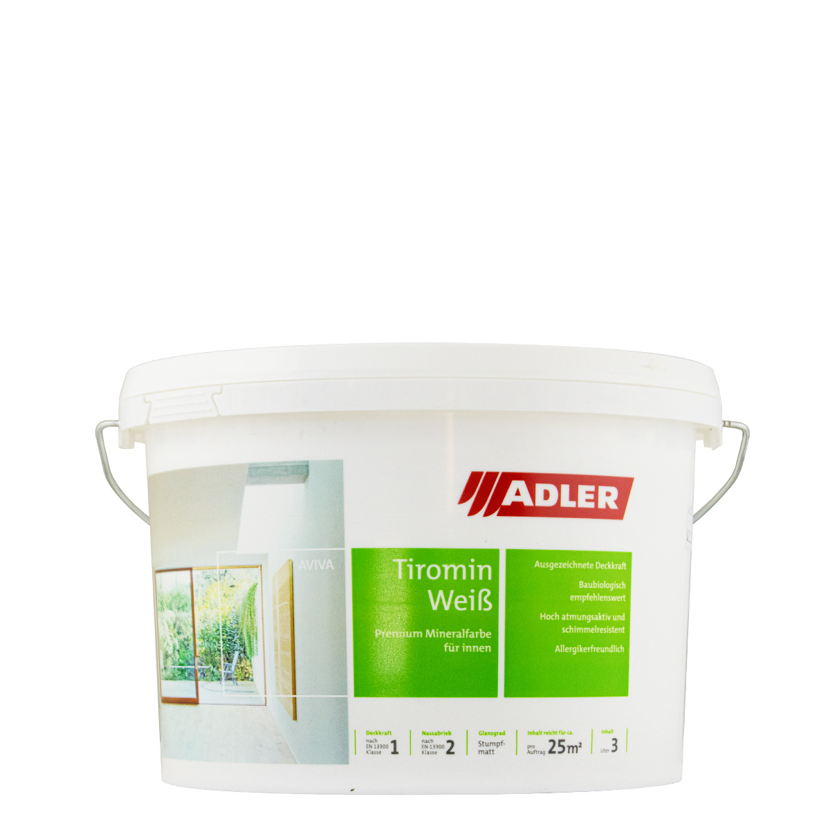 Adler Aviva Tiromin Plus Weiß Silikatfarbe 3L weiß, Allergiker geeignete Mineralfarbe