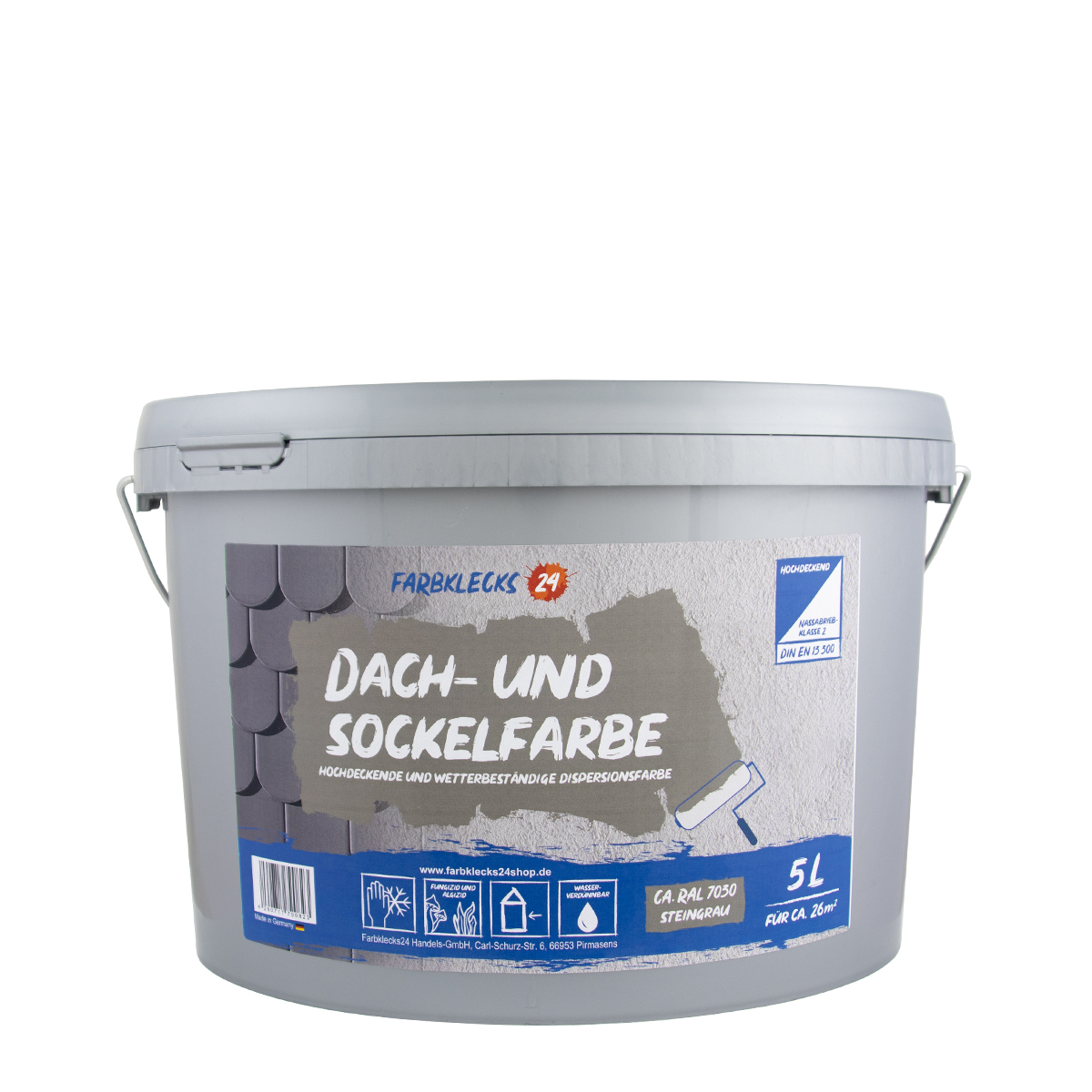Farbklecks24 Dach und Sockelfarbe 5L ca RAL 7030 Steingrau, Dispersionsfarbe