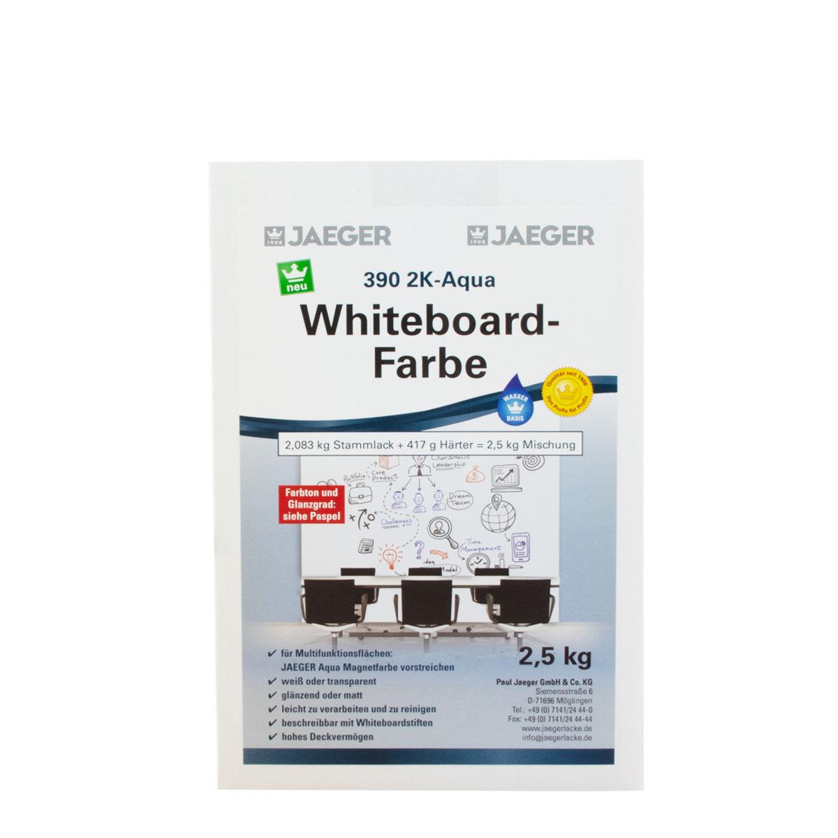 Jaeger 2K-Aqua Whiteboardfarbe 390 Farblos Seidenglänzend 2,5kg, beschreibbare Wandfarbe