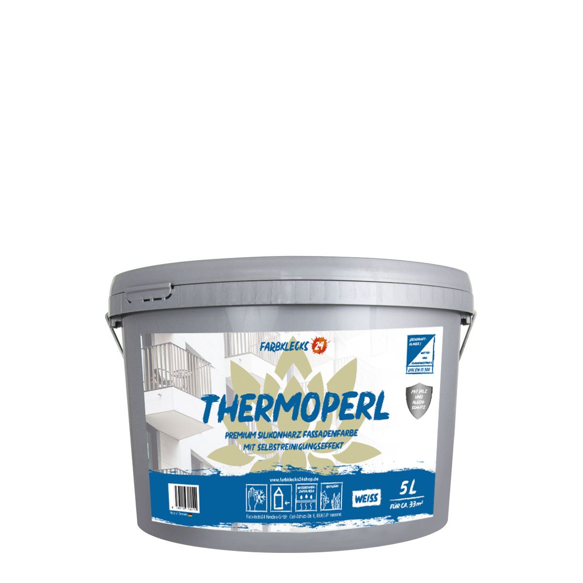 Farbklecks24 Thermoperl 5L weiss, selbstreinigende premium Silikonharz Fassadenfarbe mit Abperleffekt