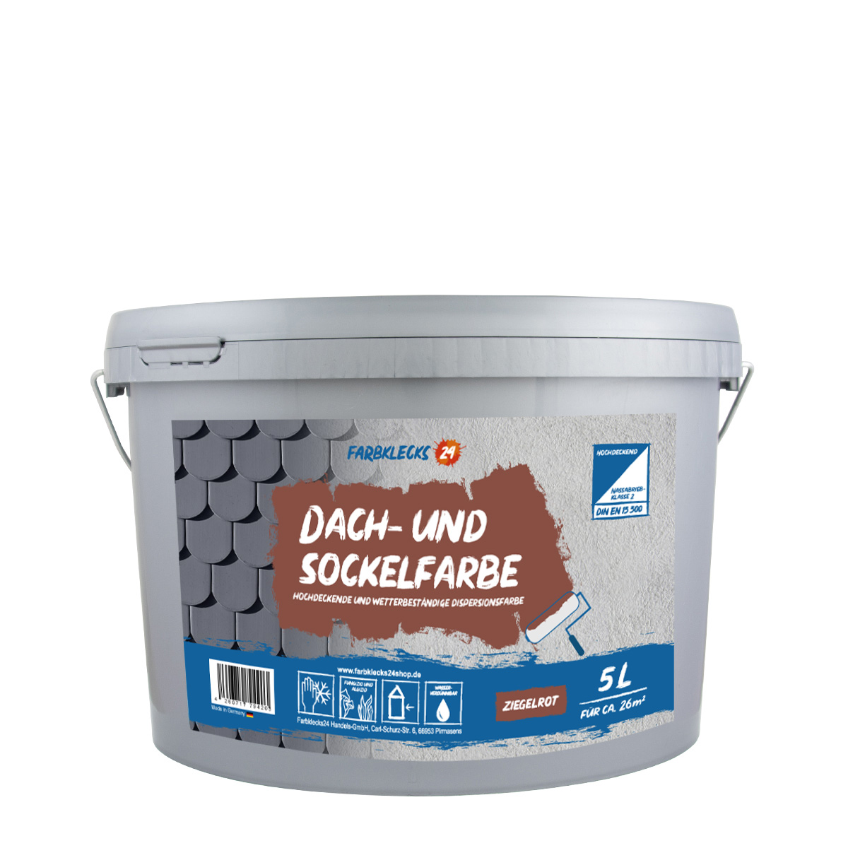Farbklecks24 Dach und Sockelfarbe 5L Ziegelrot, Dispersionsfarbe