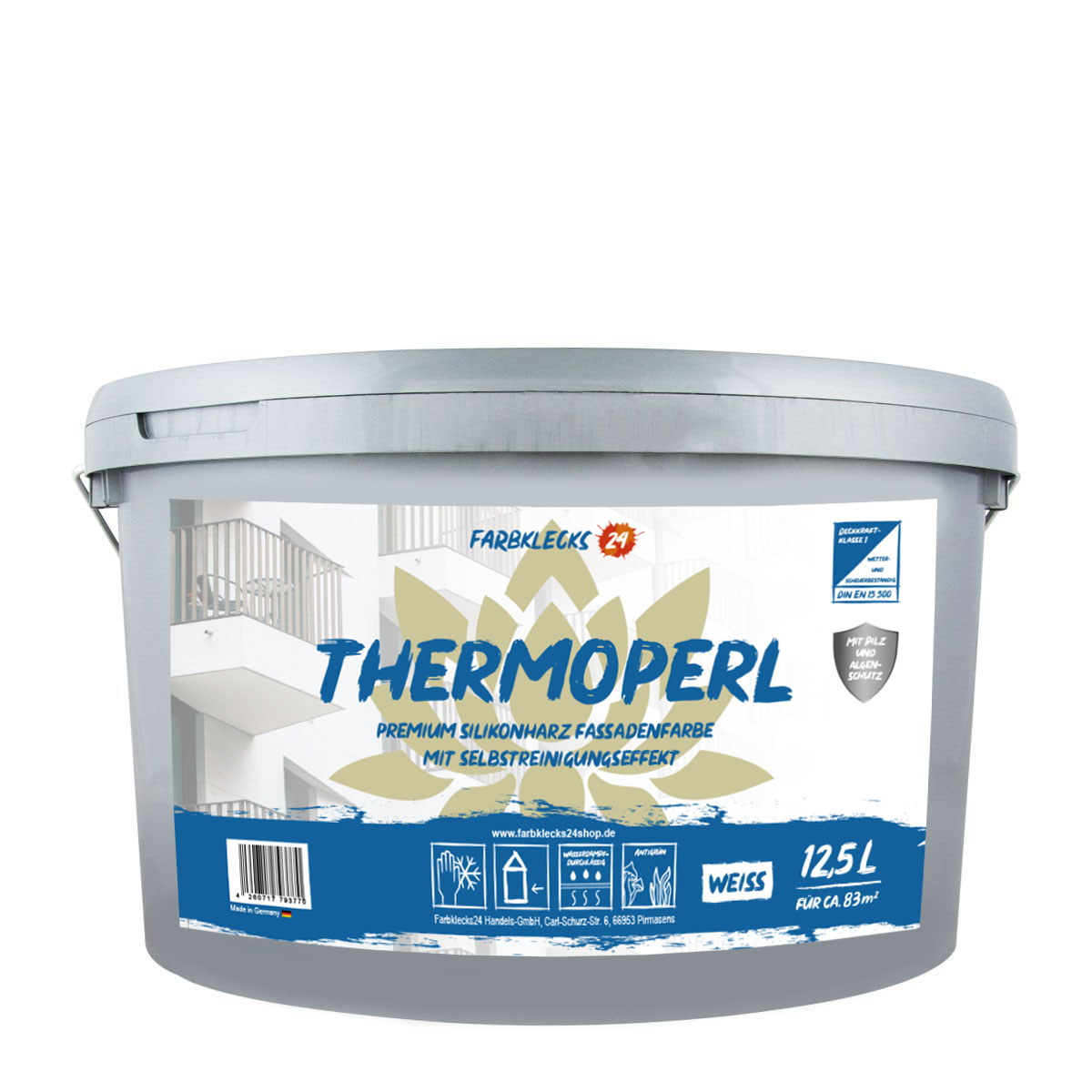Farbklecks24 Thermoperl 12,5L weiss, selbstreinigende premium Silikonharz Fassadenfarbe mit Abperleffekt