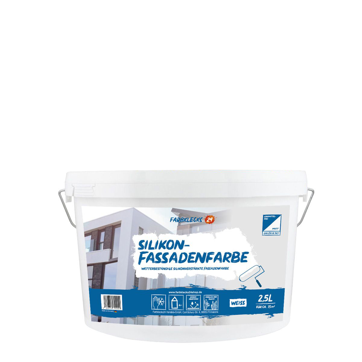 Farbklecks24 Silikon-Fassadenfarbe 2,5L Weiss, Silikonharz verstärkte Fassadenfarbe, mit Apperleffekt