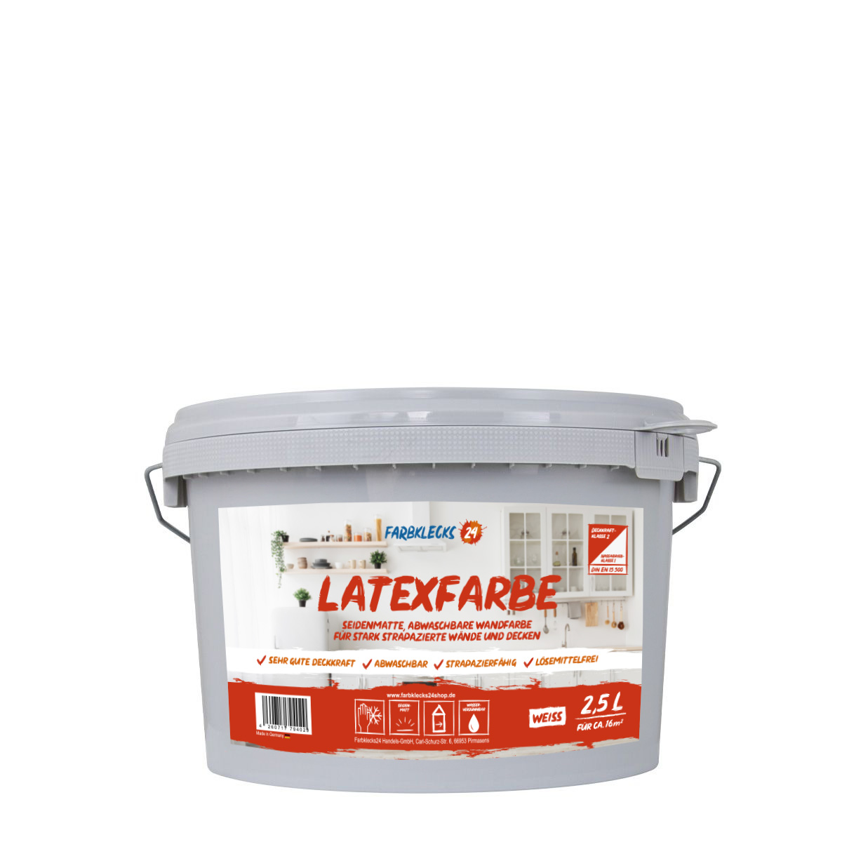 Farbklecks24 Latexfarbe 2,5L weiß, seidenmatt, Badfarbe, Küchenfarbe