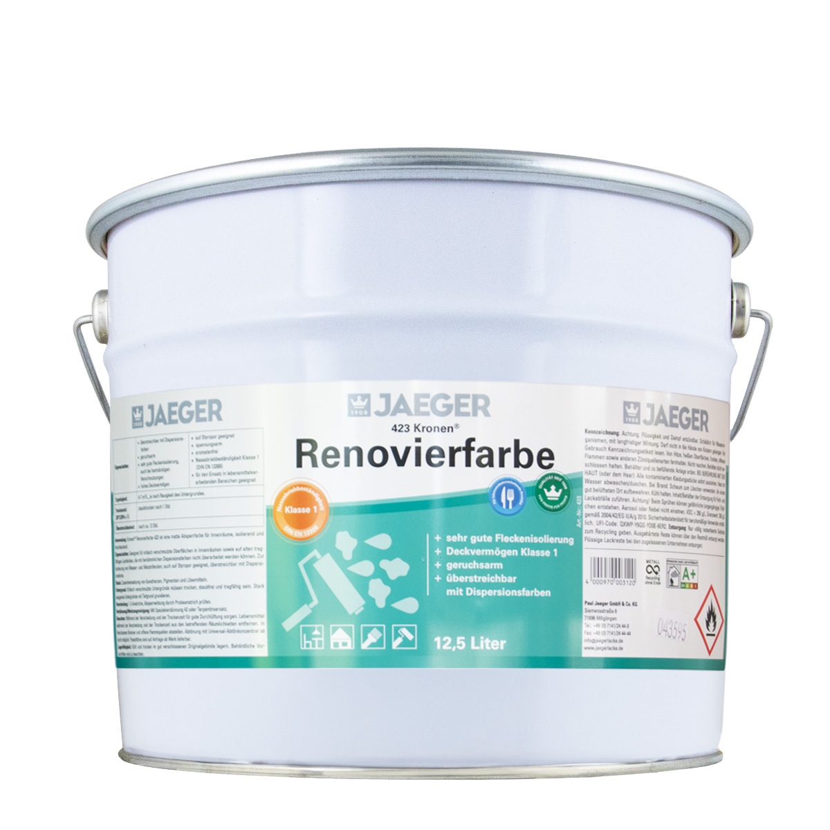 Jaeger 423 Kronen® Renovierfarbe weiss 12,5L matt, Absperrfarbe, Wandfarbe, Nikotinfarbe