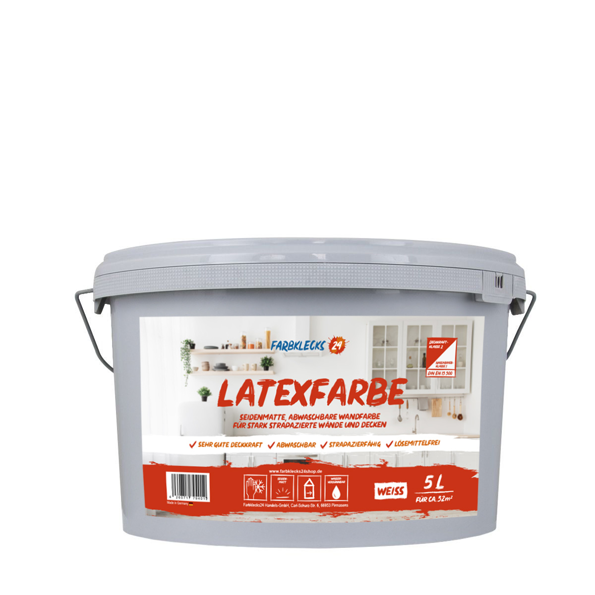 Farbklecks24 Latexfarbe 5L weiß, seidenmatt, Badfarbe, Küchenfarbe