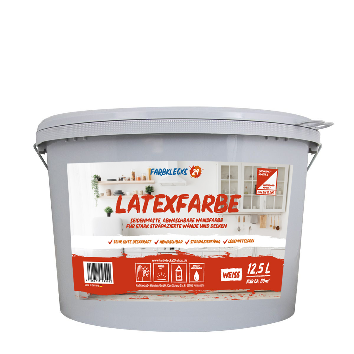 Farbklecks24 Latexfarbe 12,5L weiß, seidenmatt, Badfarbe, Küchenfarbe