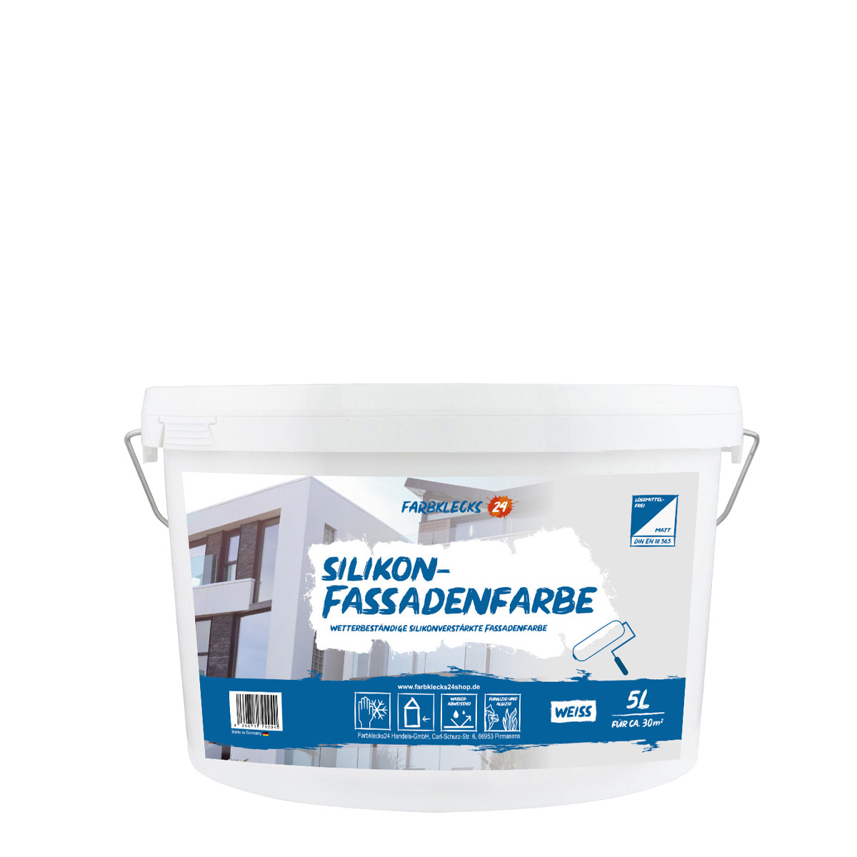 Farbklecks24 Silikon-Fassadenfarbe 5L Weiss, Silikonharz verstärkte Fassadenfarbe, mit Apperleffekt