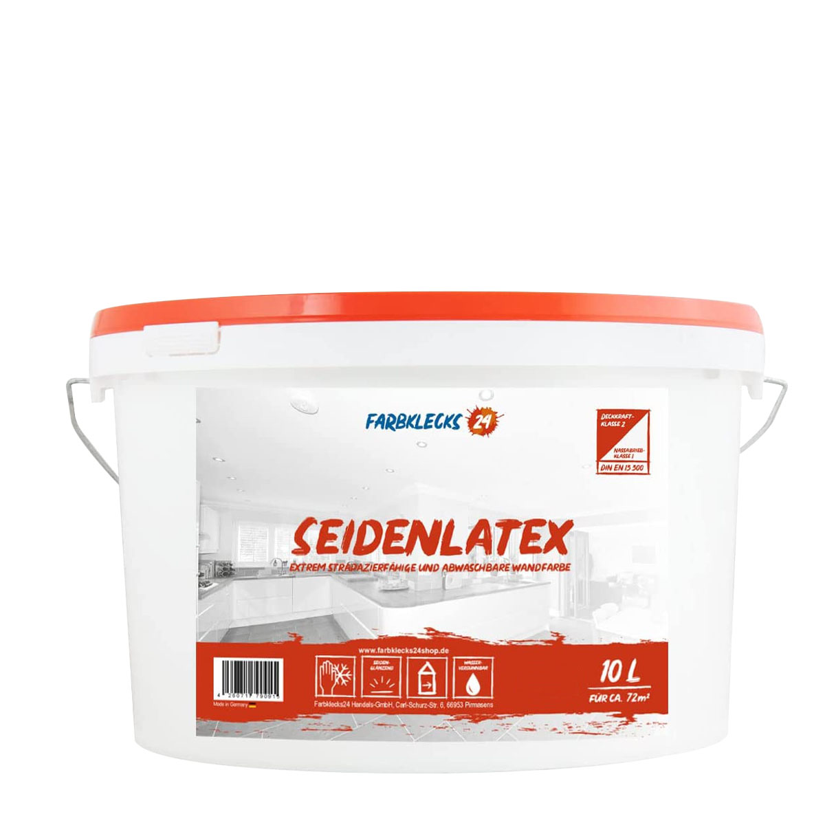 Farbklecks24 Seidenlatex 10L weiss, Latexfarbe, abwaschbare Wandfarbe, Küchenfarbe, Badfarbe
