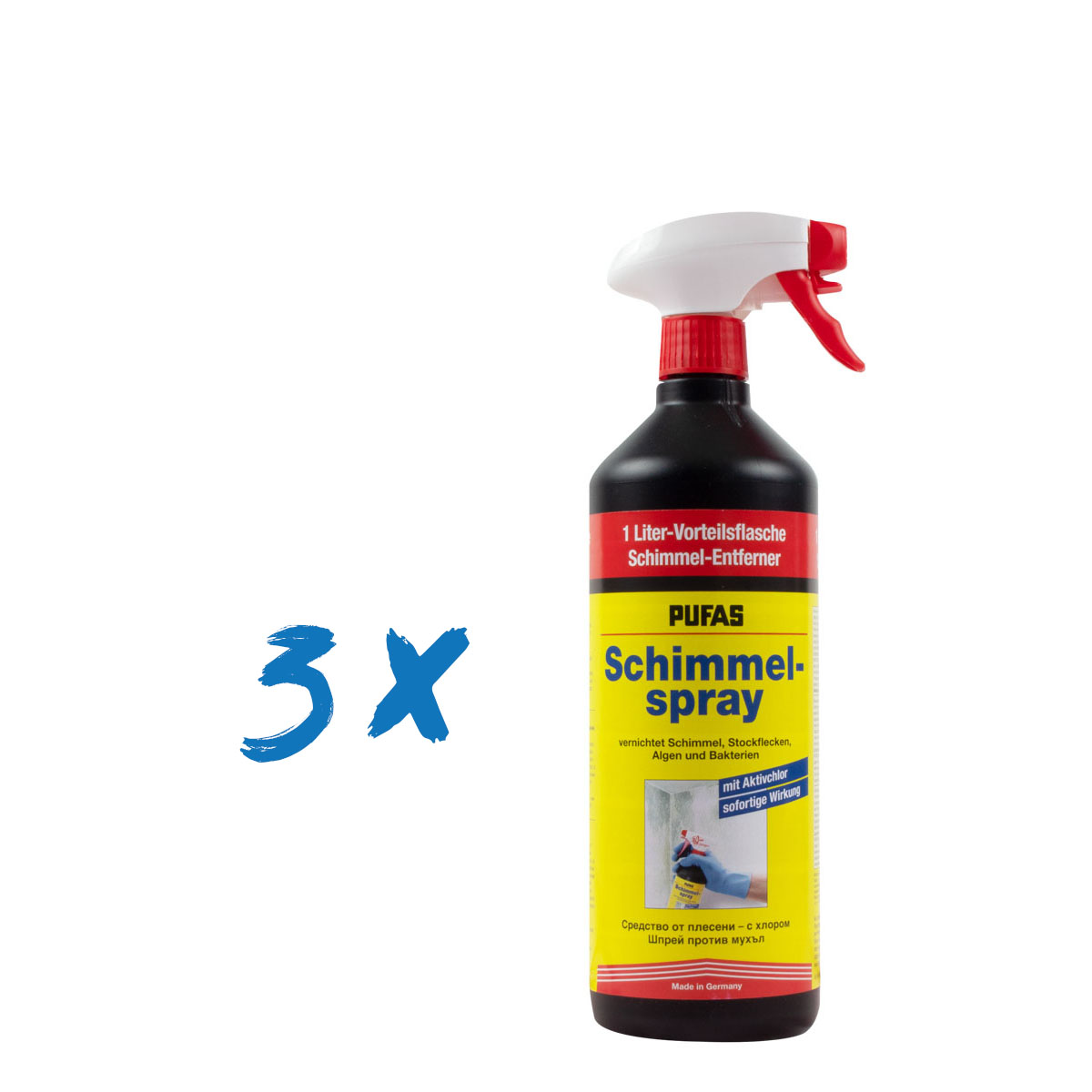 3 x Pufas Schimmel-Spray 1L, Schimmelentferner mit Aktivchlor, Schimmelex