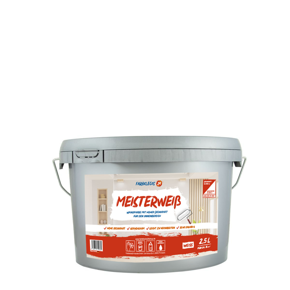 Farbklecks24 Meisterweiß 2,5L Wandfarbe weiß, hohe Deckkraft
