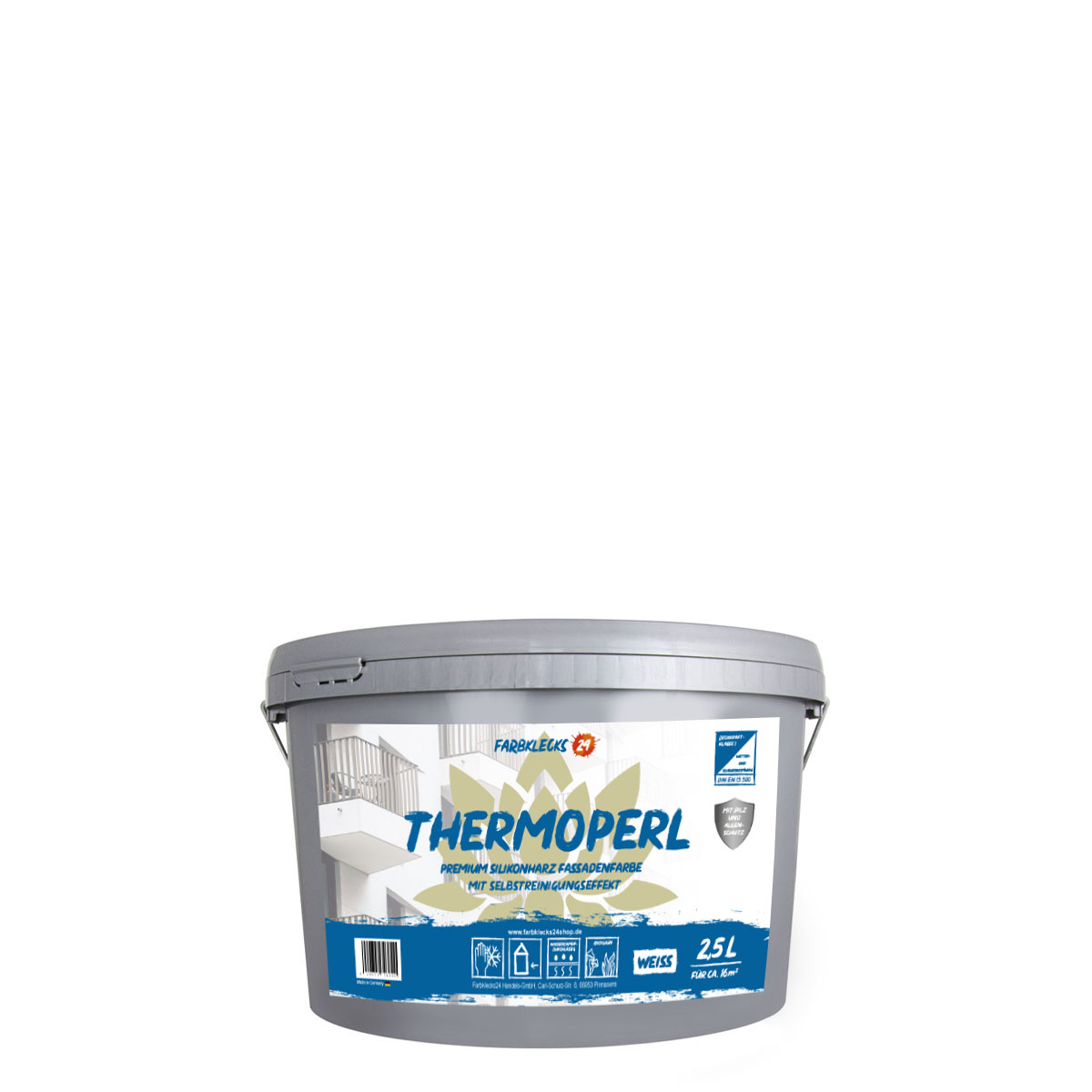 Farbklecks24 Thermoperl 2,5L weiss, selbstreinigende premium Silikonharz Fassadenfarbe mit Abperleffekt